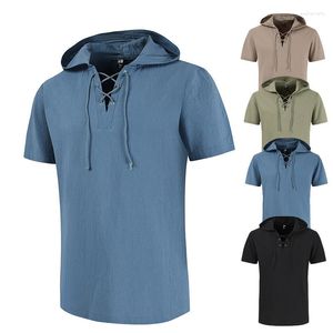 Chemises décontractées pour hommes Vintage médiévale chemise à capuche lâche Costume de scène théâtrale couleur unie haut à lacets hauts pour homme