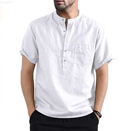 Camisas casuais masculinas Camisas masculinas vintage de linho de algodão Verão manga curta gola alta com botões Tops sólidos Roupas masculinas Casual Camisa de praia solta 2023 L230715