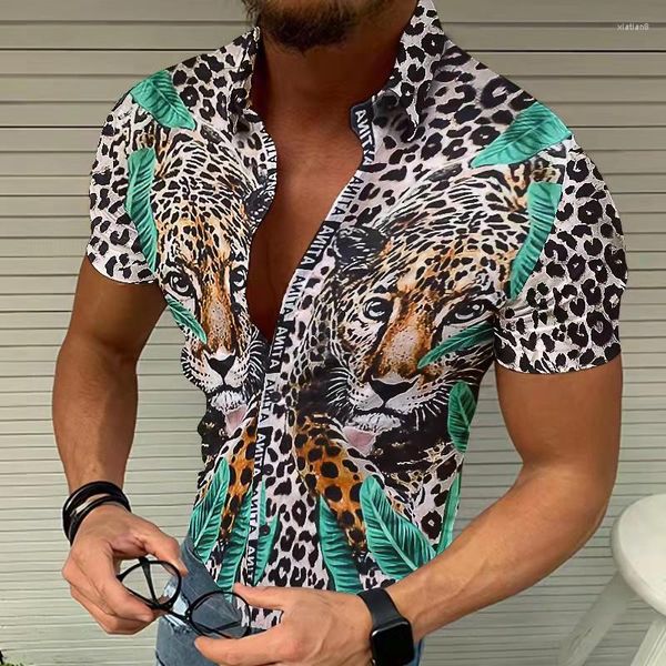 Chemises décontractées pour hommes Vintage Mens Tiger Leopard imprimé 2023 Mode d'été à manches courtes col rabattu boutonné chemise mâle 3XL