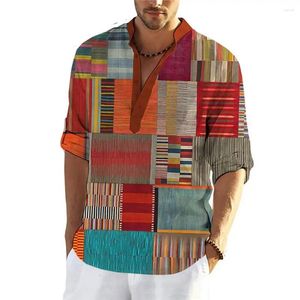 Casual overhemden voor heren Vintage oude man Hawaiiaans voor heren Patchwork 3D-bedrukte V-hals Oversized tops met lange mouwen Street chic Heren Henley-shirt