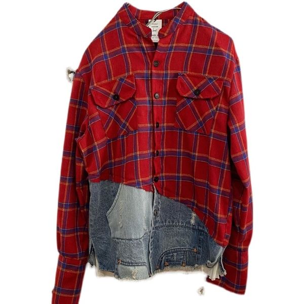 Chemises décontractées pour hommes Vintage Plaid Patchwork Denim Chemise Hommes Mode Lâche Japon Style Cowboy Splice Veste 230919