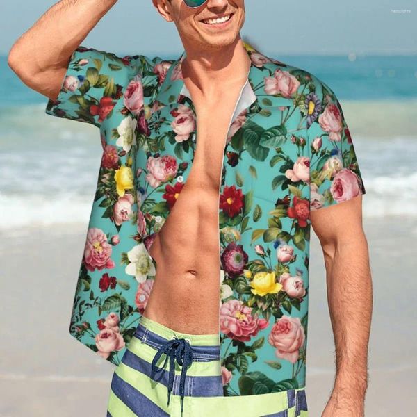 Chemises décontractées pour hommes Vintage Rose Hawaii Chemise Hommes Plage Fleurs colorées Manches courtes Harajuku Graphique Blouses surdimensionnées