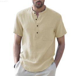 Chemises décontractées pour hommes Vintage solide coton lin chemises pour hommes printemps été décontracté col Henry boutonné à manches courtes hauts vêtements hommes chemise de loisirs L230715