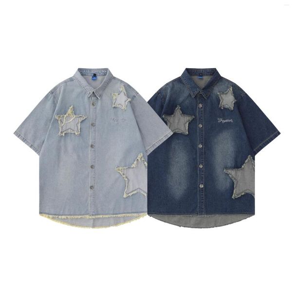 Chemises décontractées pour hommes Chemise en jean vieilli style vintage à manches courtes avec appliques étoiles et bords effilochés Jean bleu boutonné