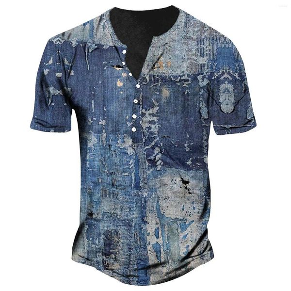 Chemises décontractées pour hommes Vintage T-shirt Henley Coton Patchwork Denim Graphique T Imprimer T-shirts à manches courtes surdimensionnés hommes vêtements hauts