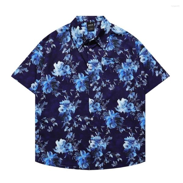 Chemises décontractées pour hommes vintage Unisexe Men Hawaiian Hip Hop Blue Flower Plant Imprimé Azure Beach Short Sleeve Femmes Y2k Aloha Tops minces