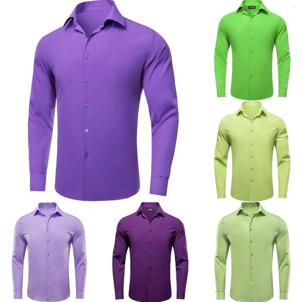 Chemises décontractées pour hommes Violet Violet Soie solide Printemps Automne Manches longues Revers Slim Fit Chemise Mariage Formel Business Party Cadeaux Hi-Tie