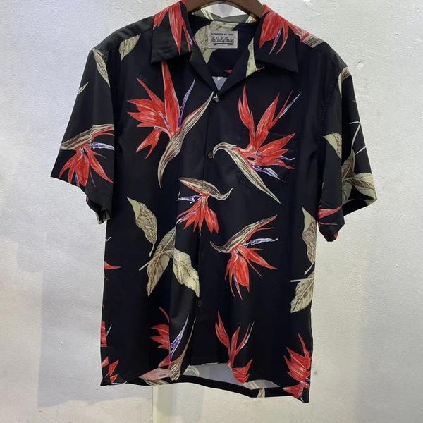 Camisas casuales para hombres WACKO MARIA Negro Hawaiano Hombres Mujeres 1: 1 Impresión Hojas Manga corta Tops de verano de gran tamaño