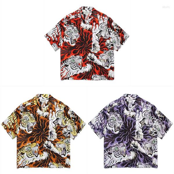 Chemises décontractées pour hommes WACKO MARIA Chemise de tigre à tête de mort colorée Hommes Femmes Hawaiian Hawaii Beach