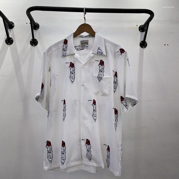 Camisas casuales para hombres WACKO MARIA Algodón Hombres Banda Punk Estampado blanco Hip Hop Rap Hawaiano Manga corta Alta calidad Moda Verano Tops