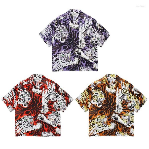 Chemises décontractées pour hommes WACKO MARIA Hawaii Chemise à manches courtes Hommes Femme 1: 1 Bonne qualité Flame Tiger Impression Tops Tee