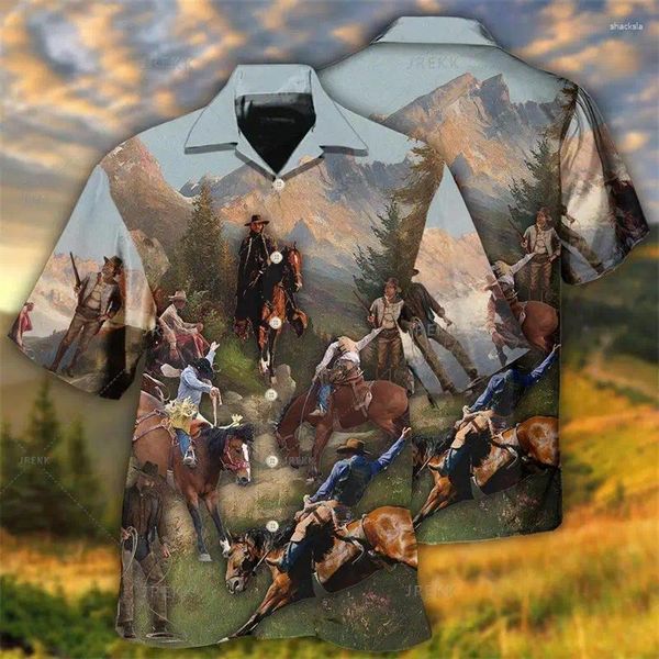 Chemises décontractées pour hommes Western Cowboy Chemise imprimée 3D Cheval à manches courtes Tops Vintage surdimensionné Vêtements masculins Col Chemisier confortable