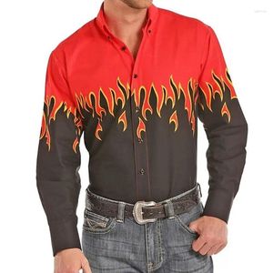 Casual shirts voor heren western shirt grafische afdruk vlam revers street lange mouw geprinte knop kleding mode ontwerp zacht