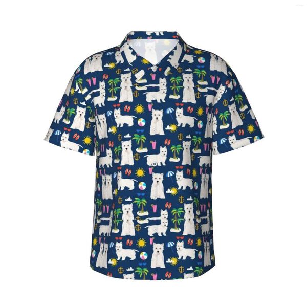 Chemises décontractées pour hommes Westie Mens Hawaiian Hawaiian Sleeve Bouton Down Down Beach Tropical Floral