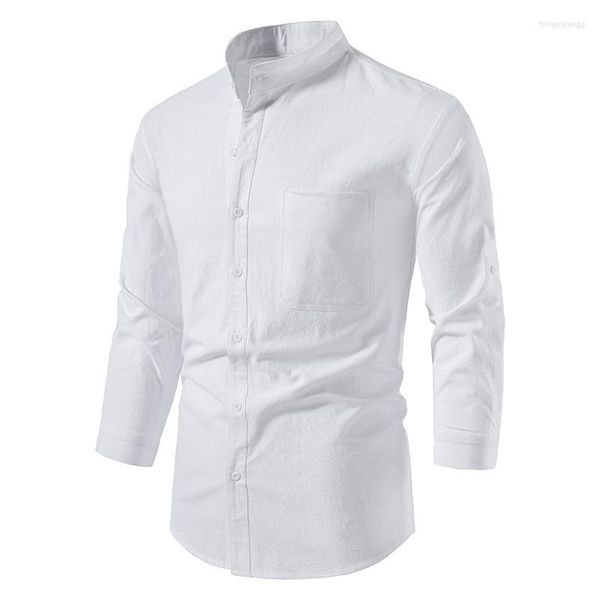 Camisas informales para hombre, camisa blanca de lino y algodón para hombre, marca 2023, ajustada, de manga larga, para hombre, Henley, vestido de negocios con botones para hombre