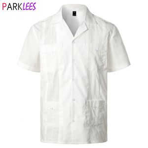 Chemises décontractées pour hommes White Cuban Camp Guayabera Shirt Hommes Chemises boutonnées tissées brodées élégantes Hommes Chemises de plage de style caribéen mexicain 2XL 230613