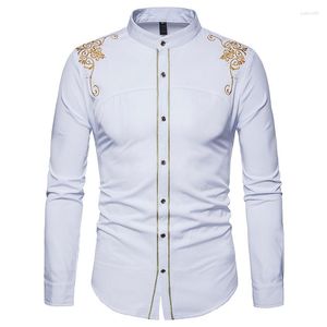 Hommes chemises décontractées blanc broderie chemise hommes 2023 marque coupe ajustée bouton hommes col Mandarin à manches longues robe fête bal