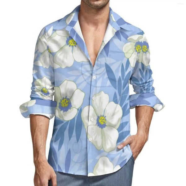 Camisas casuales para hombres camisa de estampado de flores blancas hojas florales de manga larga blusas de otoño streetwear tops de gran tamaño