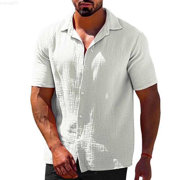 Chemises décontractées pour hommes Chemise décontractée en lin blanc Hommes Couleur unie Manches courtes Col rabattu Bouton Cardigan Été Mode Hommes Top Chemises Streetwear L230715