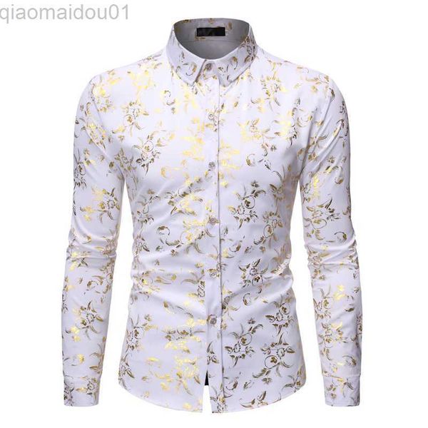 Camisas casuales para hombres Camisa blanca para hombres 2023 Camisas de vestir para hombres con estampado floral dorado de lujo Slim Fit Camisa de manga larga Chemise Homme Streetwear Camisa hawaiana Hombre L230721