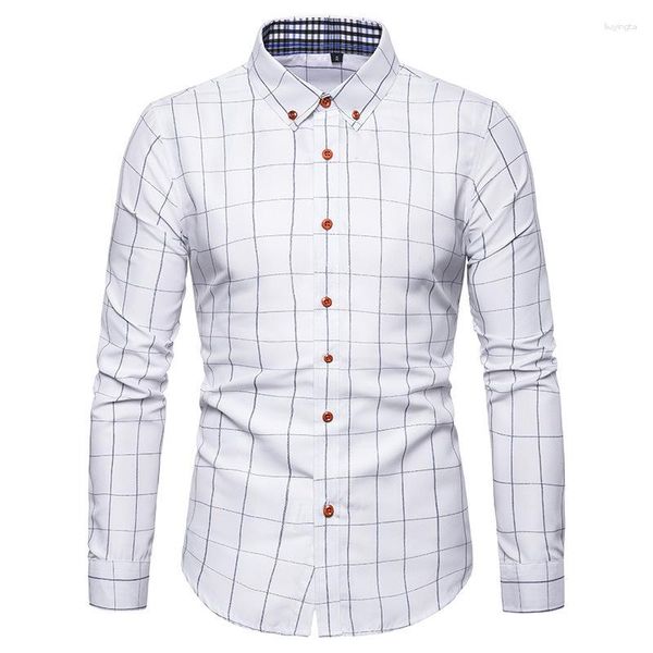 Camisas casuales para hombres Vestido a cuadros blancos Fit delgado de manga larga Botón 2023 Fashion Men Work Business Brand Shirt Chemise Homme