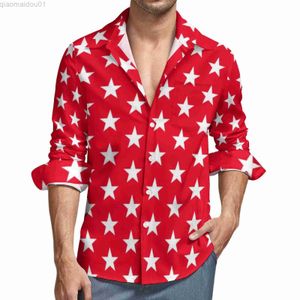 Heren Casual Shirts Wit Rode Ster Y2K Casual Shirt Mannen Atletisch 4 Juli Sterren Print Shirt Herfst Vintage Blouses Lange mouw Custom Oversized Top L230721