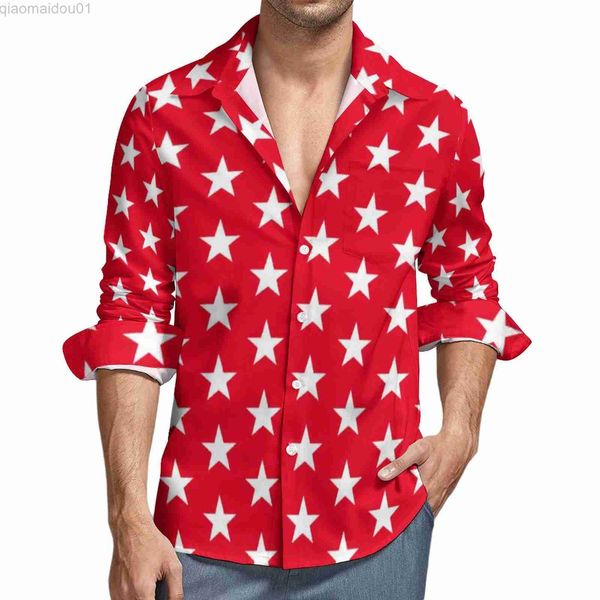 Chemises décontractées pour hommes Blanc Rouge Étoile Y2K Chemise décontractée Hommes Athlétique 4 Juillet Étoiles Chemise Imprimée Automne Vintage Blouses À Manches Longues Personnalisé Surdimensionné Haut L230721