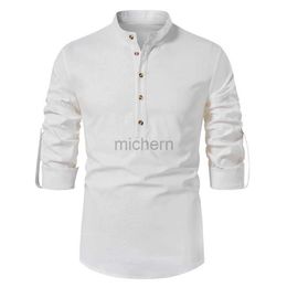 Chemises décontractées pour hommes Blanc Roll Up Mandarin Collar robe Shirt Men 2024 Brand Cotton Linen Henley Business Male Chemise Homme 240416
