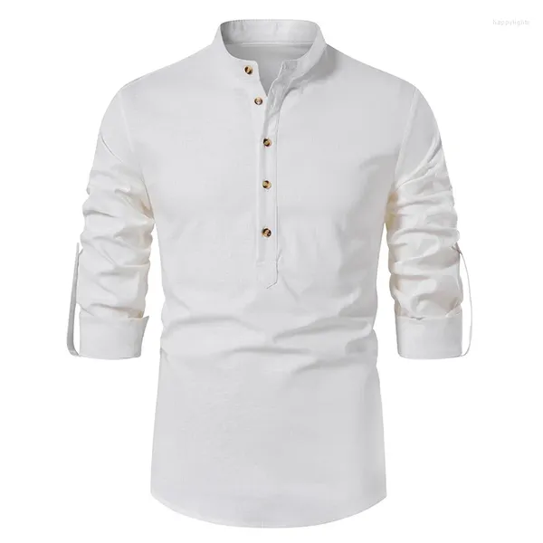 Camisas casuales para hombres White Roll Up Mandarin Collar Vestido Camisa Hombres 2024 Marca Algodón Lino Henley Business Male Chemise Homme