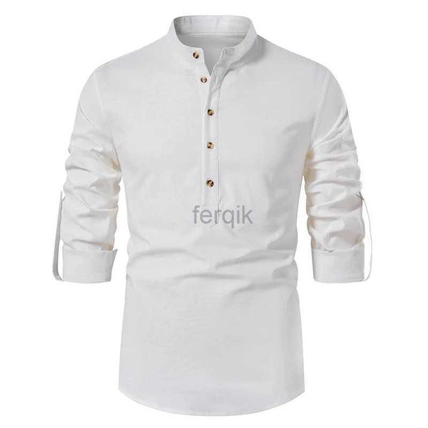 Chemises décontractées pour hommes Blanc Roll Up Mandarin Collar robe Shirt Men 2024 Brand Cotton Linen Henley Business Male Chemise Homme 24416
