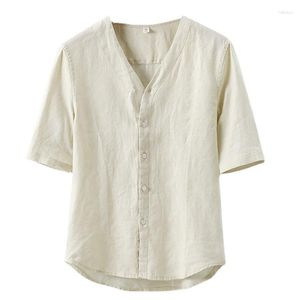 Camisas informales para hombre, camisa blanca, holgada, grande, fina, de lino, de manga corta, a la moda, versátil, con cuello en V