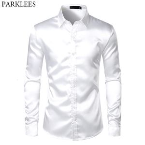 Casual shirts voor heren witte zijden satijnen tuxedo shirt heren merk lange mouw gemonteerde heren heren shirts bruiloft feest dans mannelijke casual shirt chemise 230225