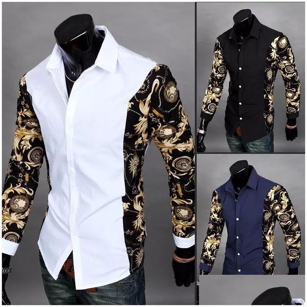 Camisas casuales para hombres Venta al por mayor- Vestido negro y dorado Camisa blanca con estampado barroco Hombres Trajes de verano Camisas Slim Fit Chemise Ropa Dhht0