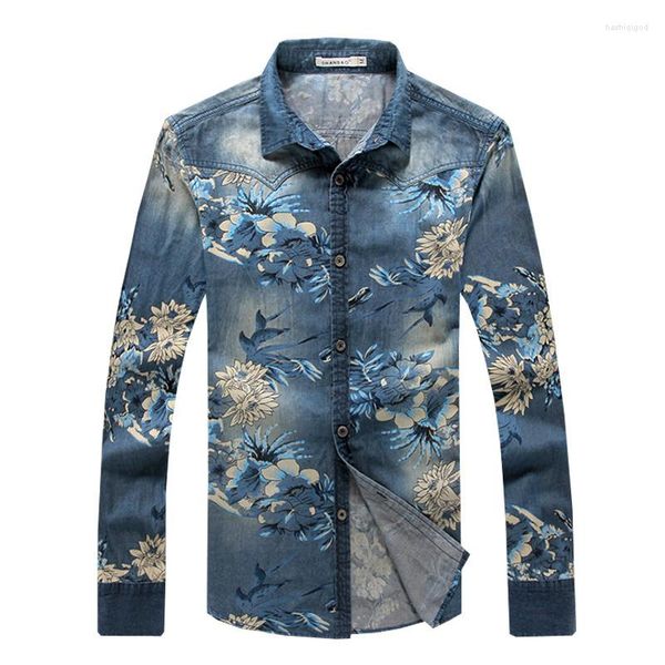 Chemises décontractées pour hommes en gros - Chemise en jean hommes 5XL à manches longues pour hommes vêtements Vintage Floral Slim Fit robe coton Chemise Homme 2022 T132