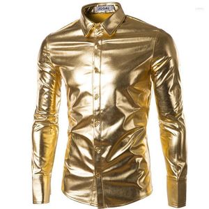 Camisas casuales para hombres Venta al por mayor- Mens Trend Night Club Coated Metallic Halloween Gold Silver Button Down Elegante vestido de manga larga brillante para