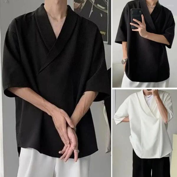 Camisas casuales para hombres con camisa amplia con estilo V cuello en vloque holgado suelto de verano suave y transpirable para hop hop streetwear cabello