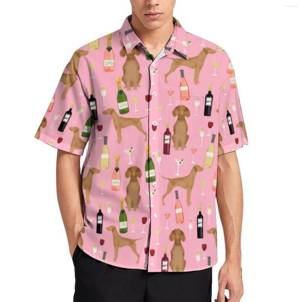Camisas informales para hombre, camisa de vacaciones para amantes del vino, blusas Harajuku hawaianas con estampado de perro Vizsla para hombre, ropa personalizada de manga corta de talla grande