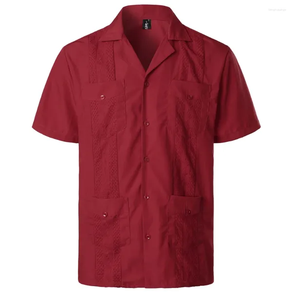 Chemises décontractées pour hommes Vin Rouge Cubain Guayabera Chemise pour 2023 Manches courtes Col à revers Mâle Brodé Mexicain Mariage Plage