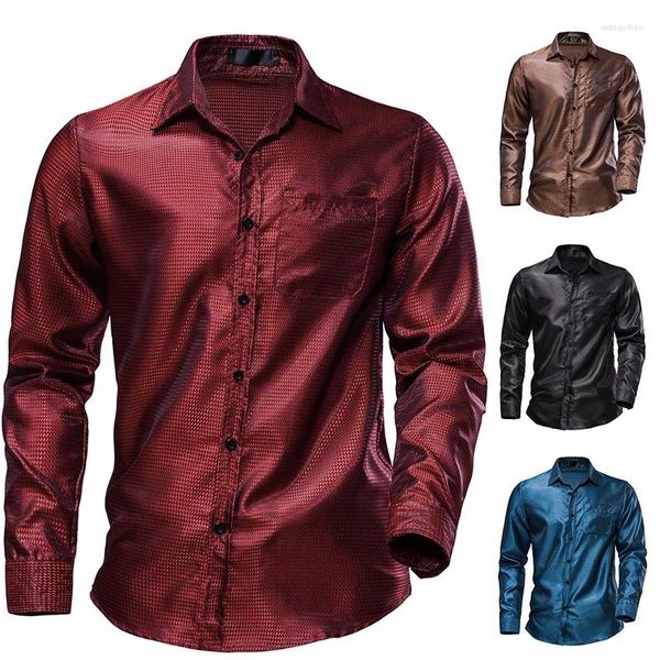 Chemises décontractées pour hommes Vin Rouge Dot Soie Comme Chemise Pour Hommes 1970 Vintge Mens Smart Robe À Manches Longues Mâle 3XL