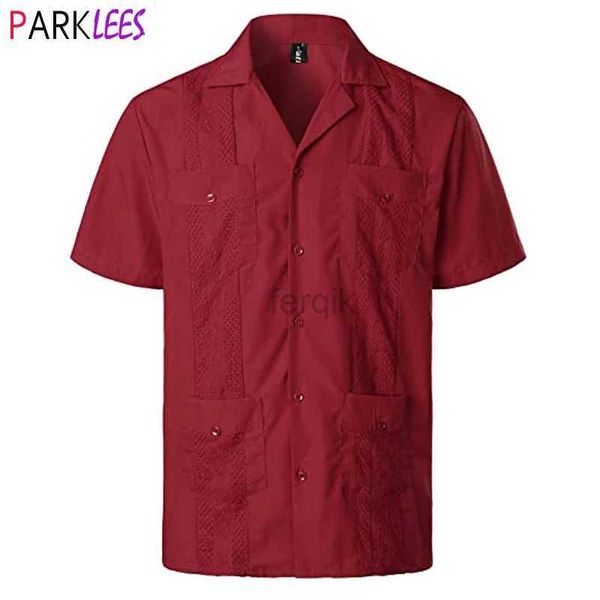 Camisas casuales para hombres vino Rojo de cuatro bolsillos Cuba Cuba Guayabera Campo de manga corta Manga corta Masculina Bordado Cigarro mexicano Balea de boda 24416