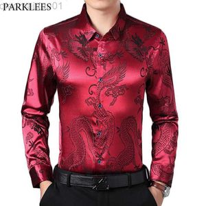 Chemises décontractées pour hommes Vin rouge Chemise en satin de soie lisse Hommes 2019 Dragon chinois Jacquard Hommes Slim Fit à manches longues Chemises habillées Chemise 4XL L230721