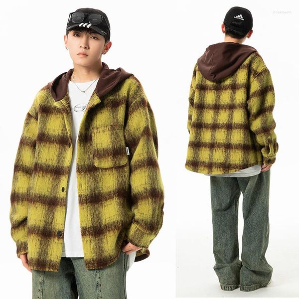 Chemises décontractées pour hommes Chemise à carreaux d'hiver Veste à capuche 2023 Mode Shacket Revers Boutonné Laine Brossée Tartan Surdimensionné Shirst Manteau