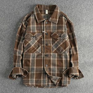 Chemises décontractées pour hommes hiver rétro tendance épaissie à carreaux chemise à manches longues cargo poche design manteau