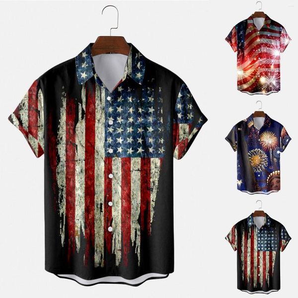 Chemises décontractées pour hommes avec bouton Mens Independence Day Style Col en V Mode Slim Painted Revers Shirt Men S