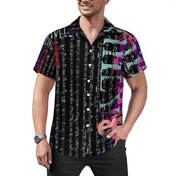 Camisas informales para hombre, camisa de vacaciones con estampado de notas musicales y grafiti de palabras, ropa informal hawaiana, blusas con gráficos para hombre, talla grande 3XL 4XL