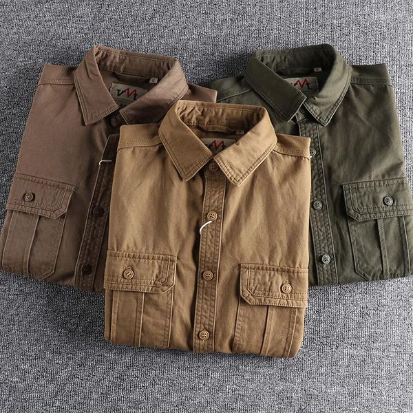 Chemises décontractées pour hommes vêtements de travail Vintage Denim vêtements pour hommes chemise multi-poches militaire armée mince manteau lavé haut à manches longues pour hommes