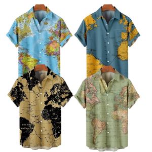 Casual overhemden voor heren Wereldkaart Hawaiiaans overhemd Digitale printknop Korte mouw Losse oversized heren 230302