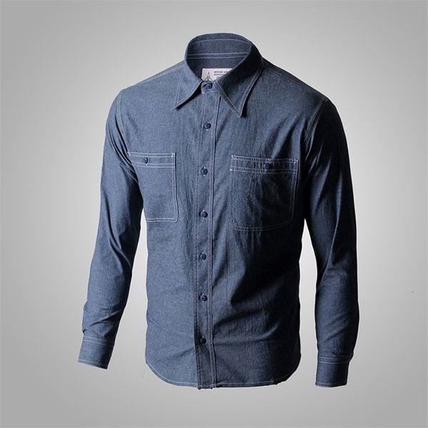 Camisas casuales para hombres WW2 Reproducción Vintage US Navy Denim Chambray Camisa de trabajo para hombres Fatigue Utility 230504