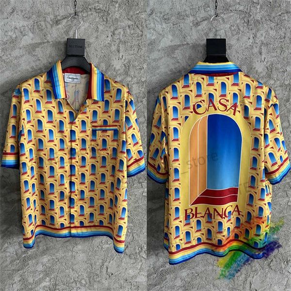 Chemises décontractées pour hommes Jaune Casablanca Fleurs Chemise Hommes Femmes Top Qualité New Hawaii Beach Chemises en soie T231214