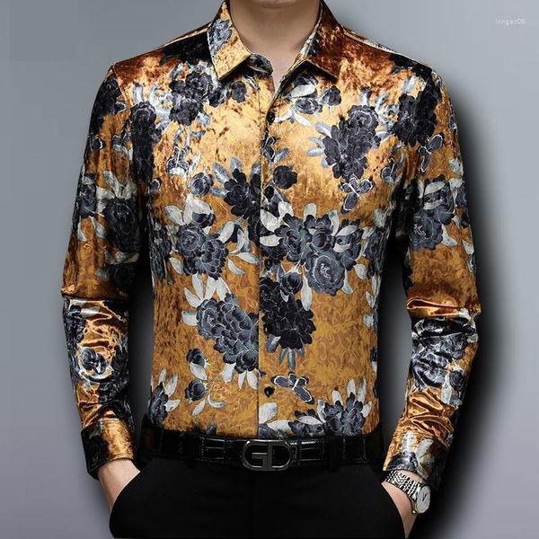 Camisas casuales para hombres Flores amarillas Terciopelo calentado para hombres Calidad Terciopelo Blusa de gran tamaño Rojo Ropa lisa Tallas grandes Vestido para personas mayores